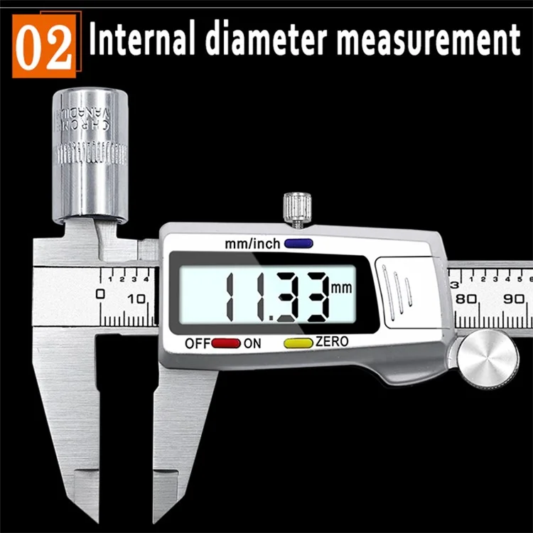 Calibrador digital de acero inoxidable con pantalla LCD de 0-150 mm y botón tricolor para longitud, anchura, profundidad y diámetro