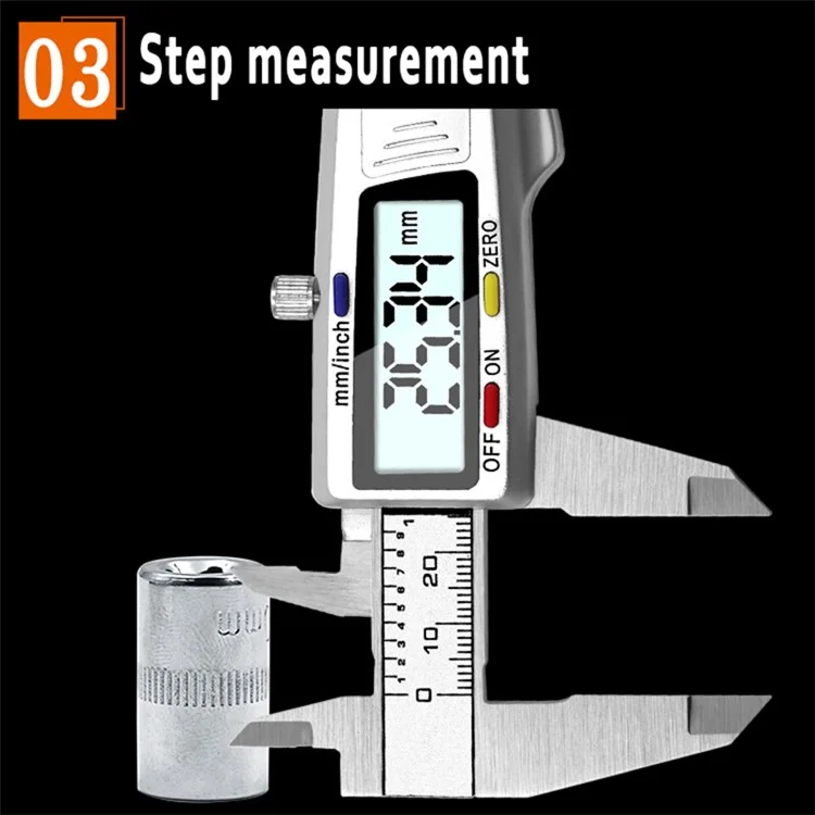 Calibrador digital de acero inoxidable con pantalla LCD de 0-150 mm y botón tricolor para longitud, anchura, profundidad y diámetro