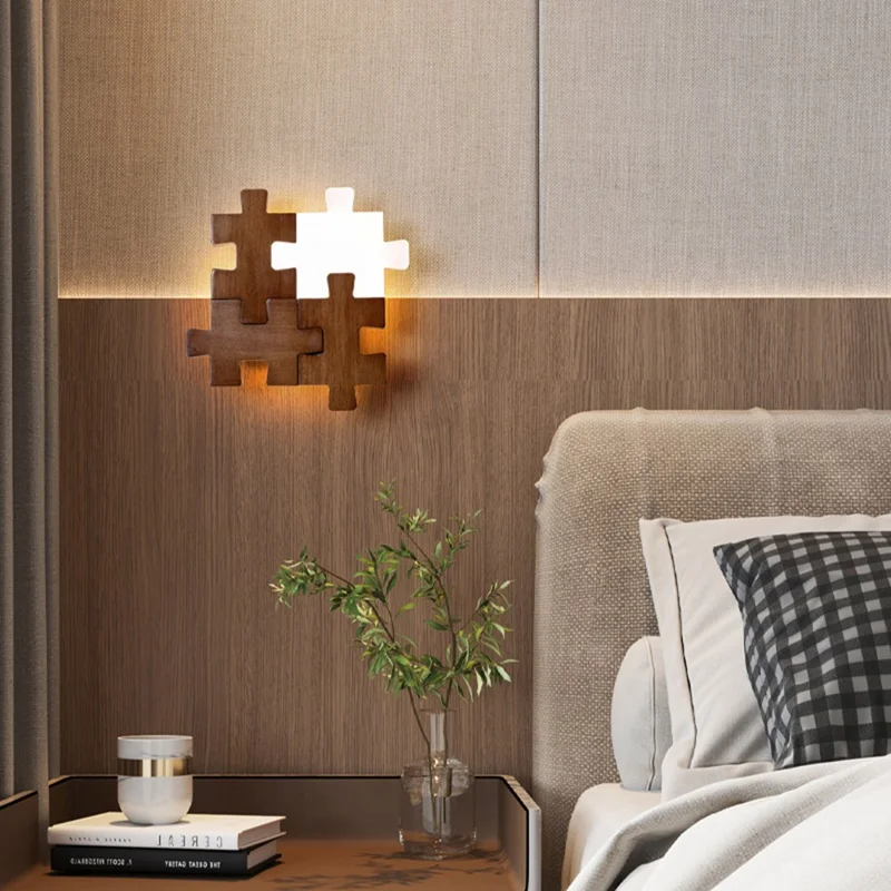 Lâmpada de parede de bloco de madeira de 12W 3 cores, luz de cabeceira LED minimalista moderna para quarto, corredor