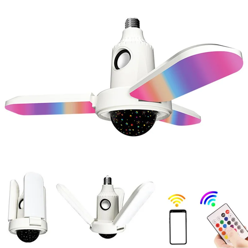 Small Star Projector Lamp E27 Three-Leaf Folding RGB Color Changing Ceiling Light Bluetooth-compatible Speaker with Remote Control