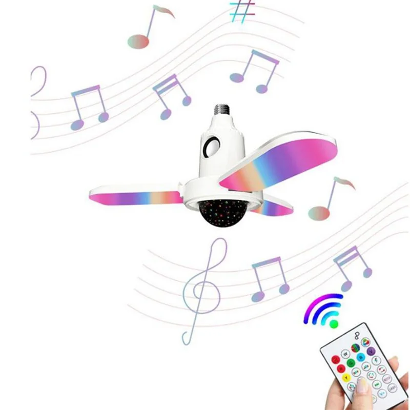 Small Star Projector Lamp E27 Three-Leaf Folding RGB Color Changing Ceiling Light Bluetooth-compatible Speaker with Remote Control