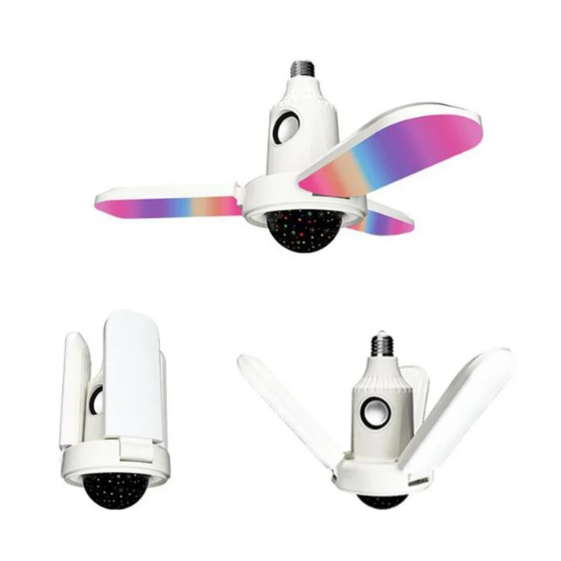 Small Star Projector Lamp E27 Three-Leaf Folding RGB Color Changing Ceiling Light Bluetooth-compatible Speaker with Remote Control