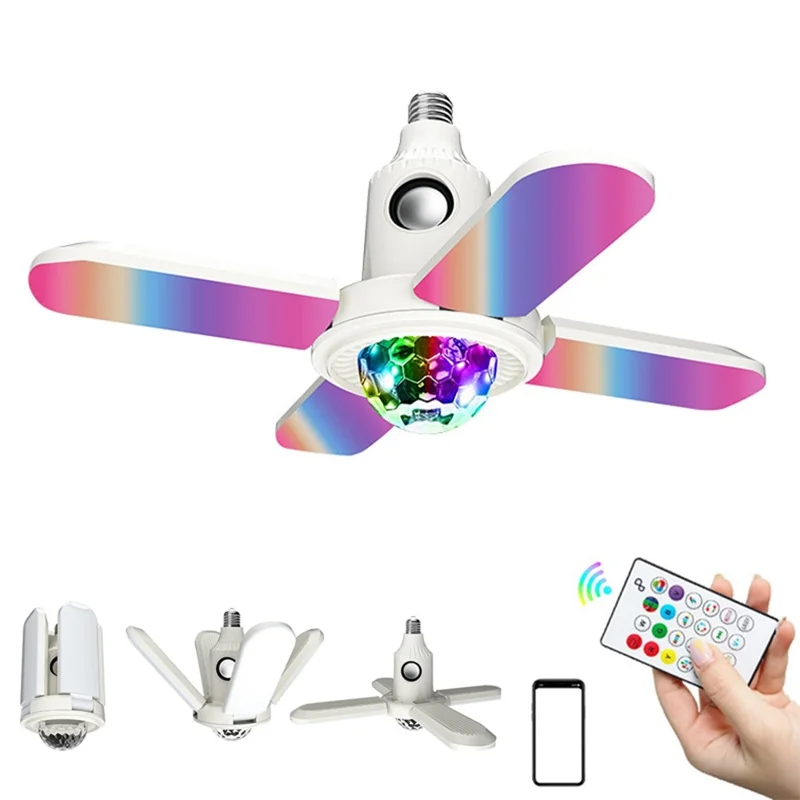 Petite lampe projecteur boule magique RGB changeante E27, lampe de plafond pliable à quatre feuilles avec haut-parleur compatible Bluetooth