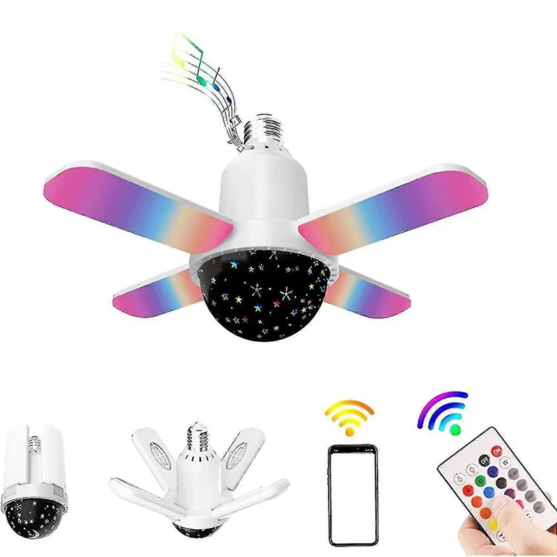 Lampe Projecteur Étoile Grande Taille E27 Plafonnier RGB à Quatre Feuilles Pliable avec Changement de Couleur, Haut-Parleur Bluetooth et Télécommande