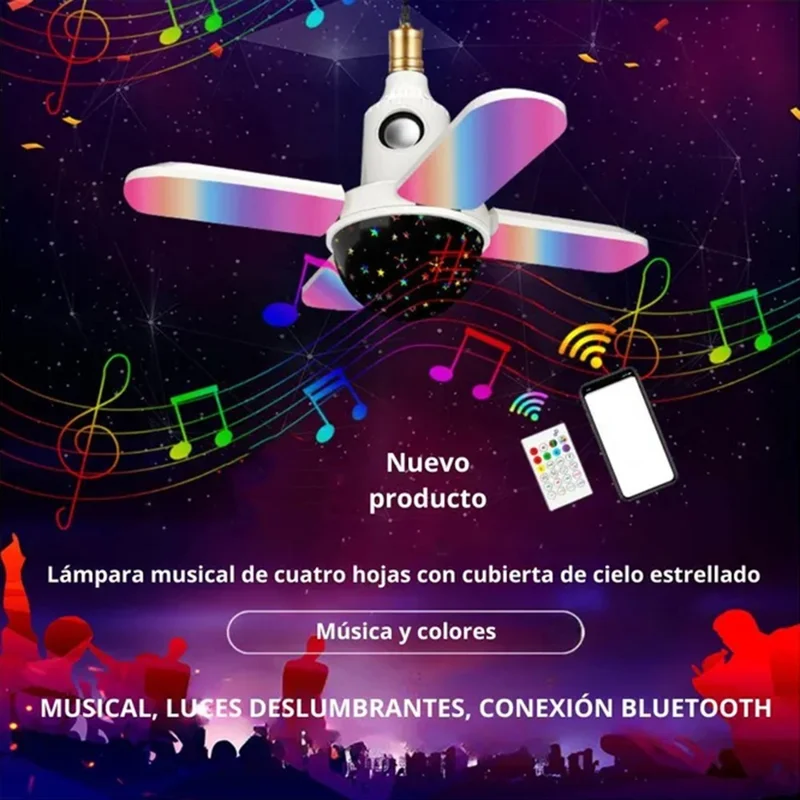 Lampe Projecteur Étoile Grande Taille E27 Plafonnier RGB à Quatre Feuilles Pliable avec Changement de Couleur, Haut-Parleur Bluetooth et Télécommande