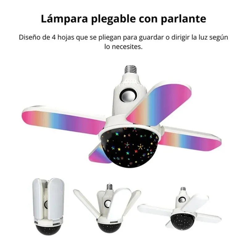 Lampe Projecteur Étoile Grande Taille E27 Plafonnier RGB à Quatre Feuilles Pliable avec Changement de Couleur, Haut-Parleur Bluetooth et Télécommande