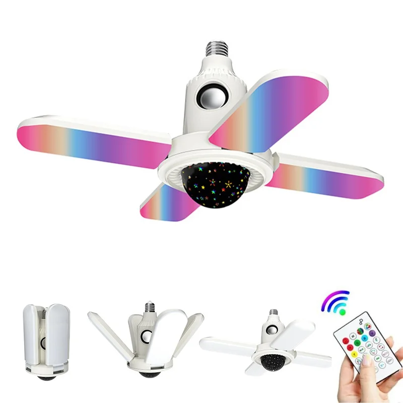 Petite lampe projecteur étoile E27, lumière de plafond pliable à quatre feuilles RVB, changeant de couleur, avec haut-parleur compatible Bluetooth et télécommande