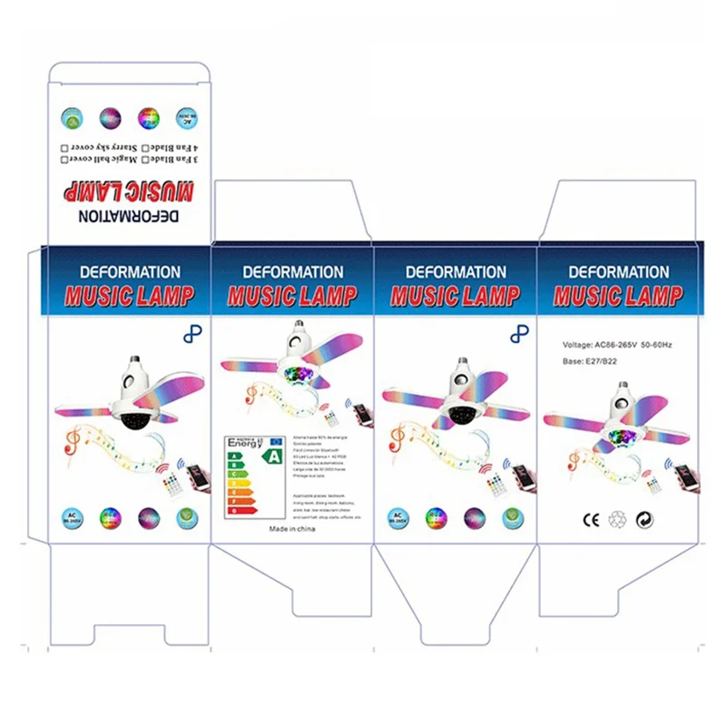 Petite lampe projecteur étoile E27, lumière de plafond pliable à quatre feuilles RVB, changeant de couleur, avec haut-parleur compatible Bluetooth et télécommande