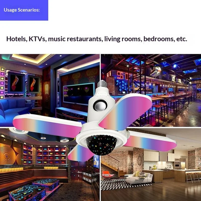 Petite lampe projecteur étoile E27, lumière de plafond pliable à quatre feuilles RVB, changeant de couleur, avec haut-parleur compatible Bluetooth et télécommande