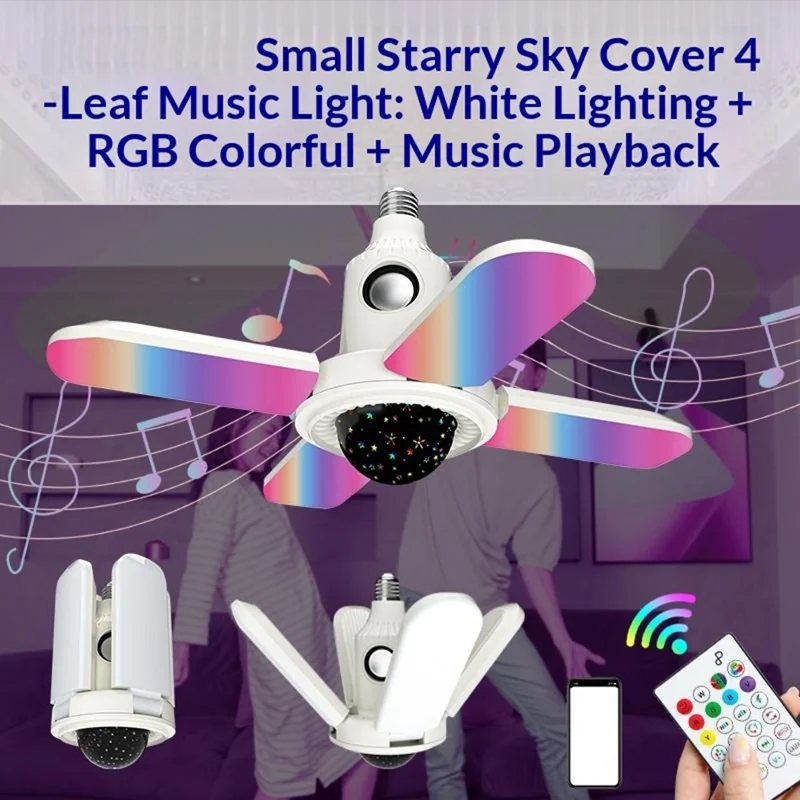 Petite lampe projecteur étoile E27, lumière de plafond pliable à quatre feuilles RVB, changeant de couleur, avec haut-parleur compatible Bluetooth et télécommande