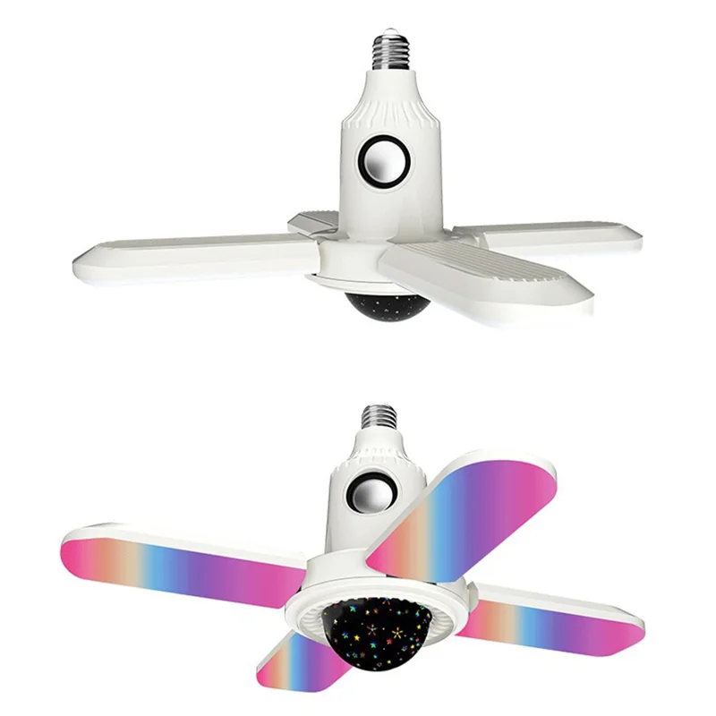 Petite lampe projecteur étoile E27, lumière de plafond pliable à quatre feuilles RVB, changeant de couleur, avec haut-parleur compatible Bluetooth et télécommande