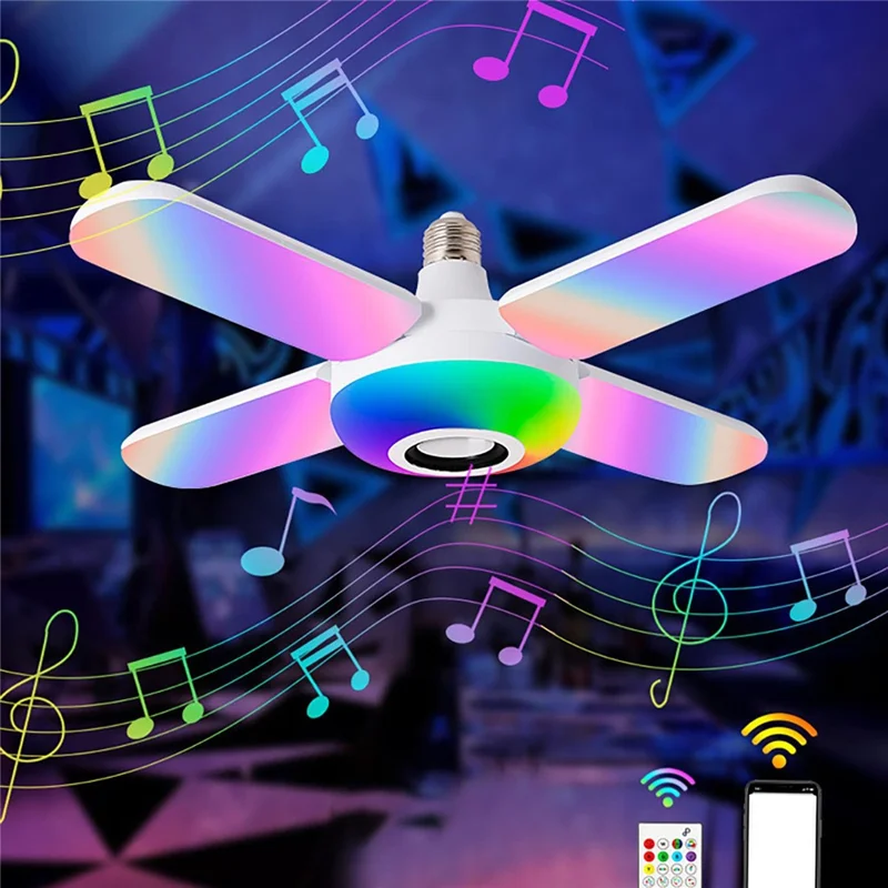 E27 Bluetooth-compatible Speaker Music Light with 4 Foldable Leaves Smart RGB Color Changing Ceiling Lamp