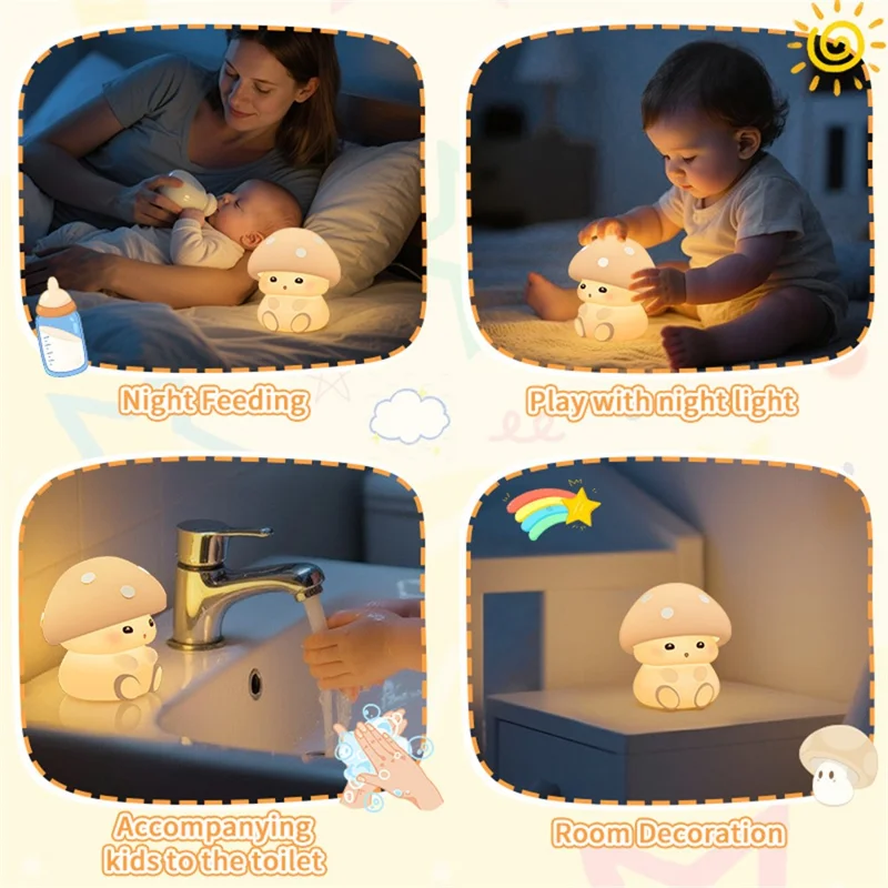 ICARER FAMILY Mushroom Tap Light Silicone Night Light Touch Control with 3 Brightness Levels / Timer Function
