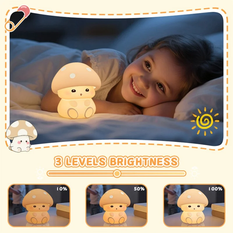 ICARER FAMILY Mushroom Tap Light Silicone Night Light Touch Control with 3 Brightness Levels / Timer Function