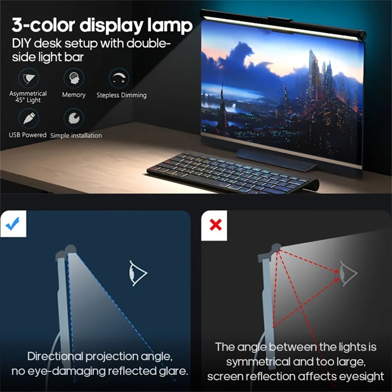 KBB-56 30cm LED Monitor Hanging Light Single-Sided 3-Color Eye-Caring Lamp for Office Reading Screen Supplement