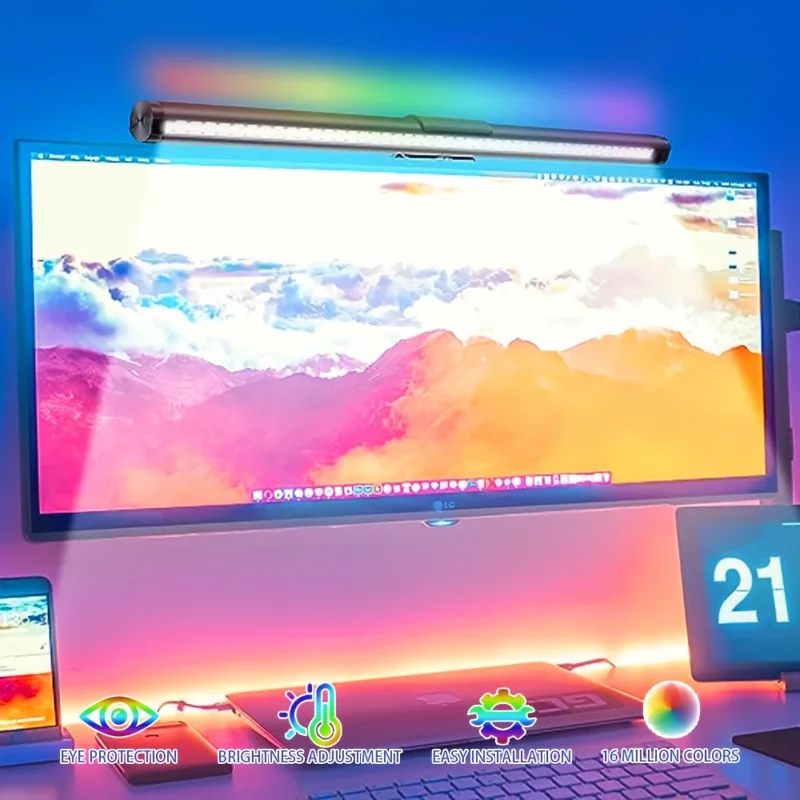 KBB-53 40cm Luce Monitor RGB Cambia Colore, Lampada LED Sospesa per Protezione Oculare con 3 Modalità di Luce per Ufficio e Lettura