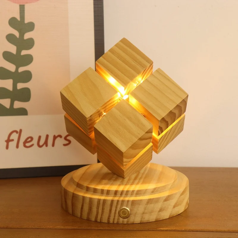 4x4 Magic Cube Design Night Light Bedside Decor LED Lamp Rubber Wood USB Powered Light for Bedroom / Study Ambient Lighting