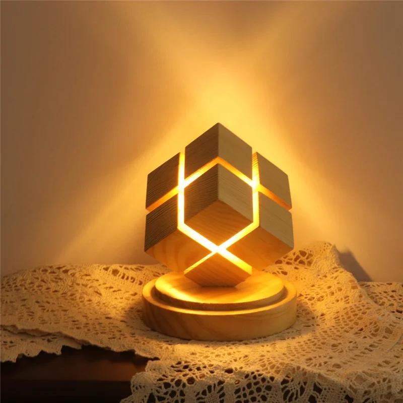 4x4 Magic Cube Design Night Light Bedside Decor LED Lamp Rubber Wood USB Powered Light for Bedroom / Study Ambient Lighting
