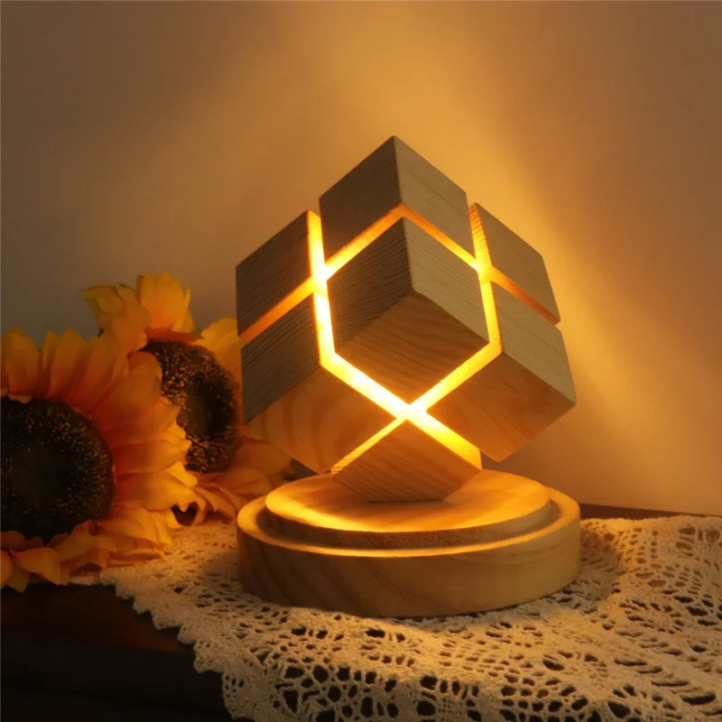 4x4 Magic Cube Design Night Light Bedside Decor LED Lamp Rubber Wood USB Powered Light for Bedroom / Study Ambient Lighting