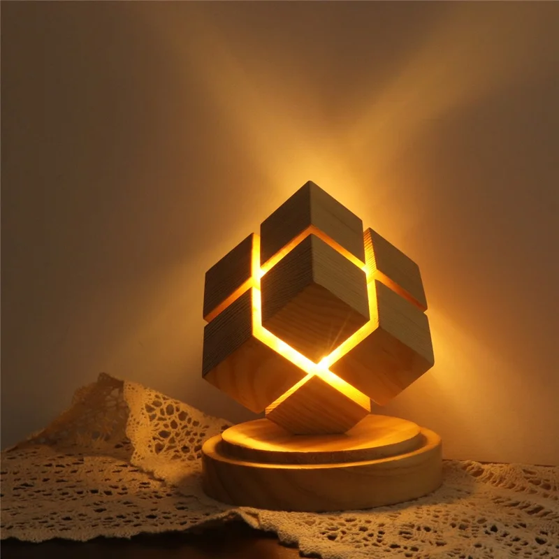 4x4 Magic Cube Design Night Light Bedside Decor LED Lamp Rubber Wood USB Powered Light for Bedroom / Study Ambient Lighting