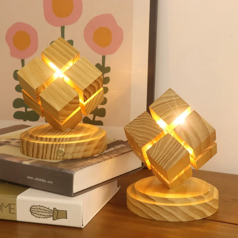 4x4 Magic Cube Design Night Light Bedside Decor LED Lamp Rubber Wood USB Powered Light for Bedroom / Study Ambient Lighting