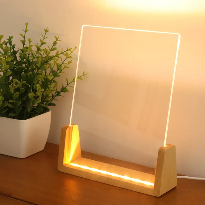 Petit tableau en acrylique personnalisable à écrire à la main, support en bois avec lumière LED, veilleuse alimentée par USB (lumière chaude) - Base en bois de hêtre