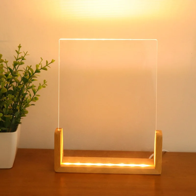 Petit tableau en acrylique personnalisable à écrire à la main, support en bois avec lumière LED, veilleuse alimentée par USB (lumière chaude) - Base en bois de hêtre