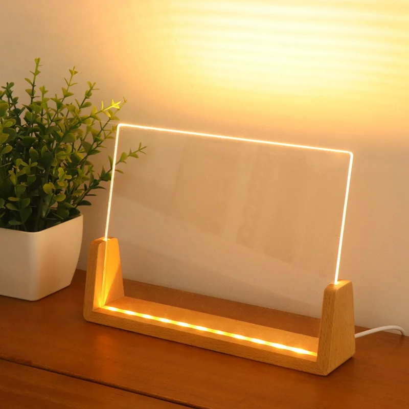Large 203×150×4mm DIY Acrylic Handwritten Note Board Wood LED Light Stand Night Light USB Powered (Warm Light) - Beech Wood Base
