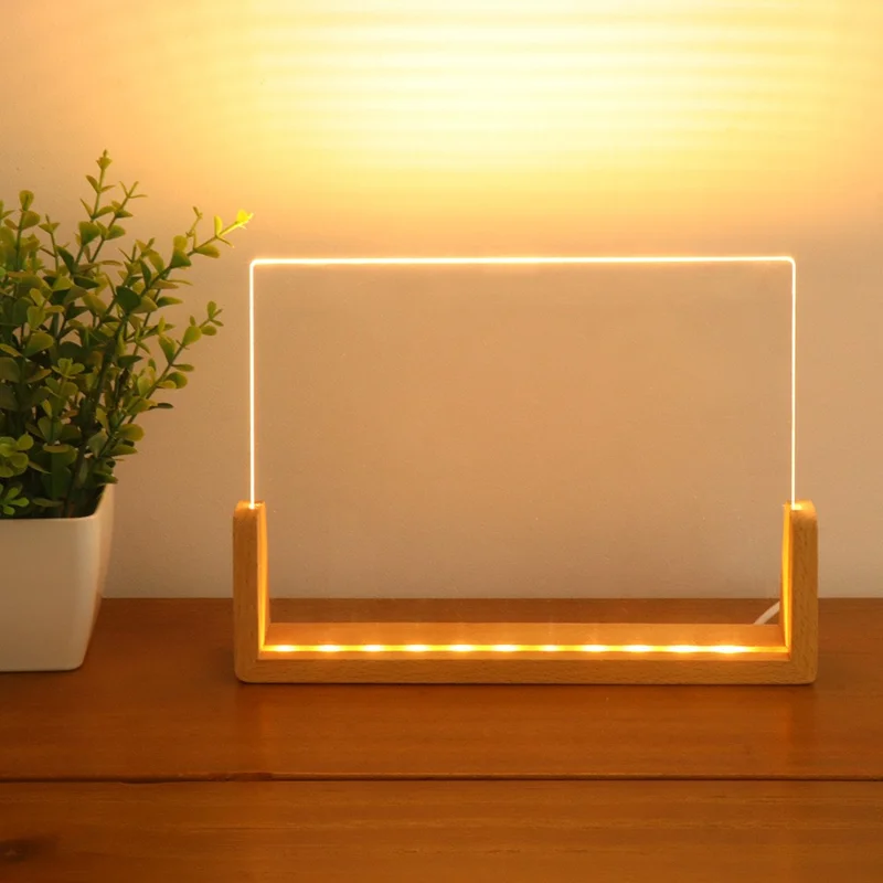 Large 203×150×4mm DIY Acrylic Handwritten Note Board Wood LED Light Stand Night Light USB Powered (Warm Light) - Beech Wood Base