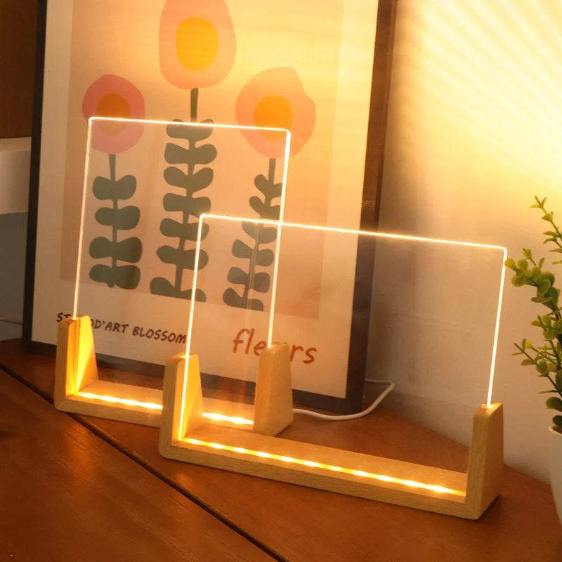 Large 203×150×4mm DIY Acrylic Handwritten Note Board Wood LED Light Stand Night Light USB Powered (Warm Light) - Beech Wood Base