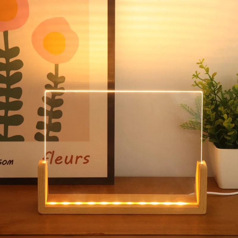 Large 203×150×4mm DIY Acrylic Handwritten Note Board Wood LED Light Stand Night Light USB Powered (Warm Light) - Beech Wood Base