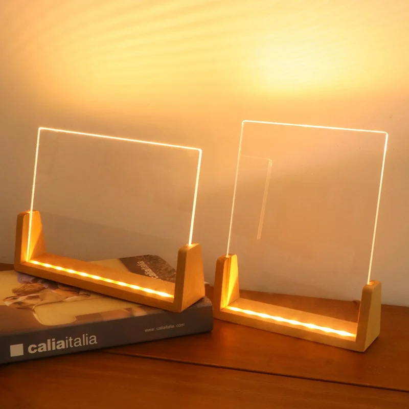 Large 203×150×4mm DIY Acrylic Handwritten Note Board Wood LED Light Stand Night Light USB Powered (Warm Light) - Beech Wood Base