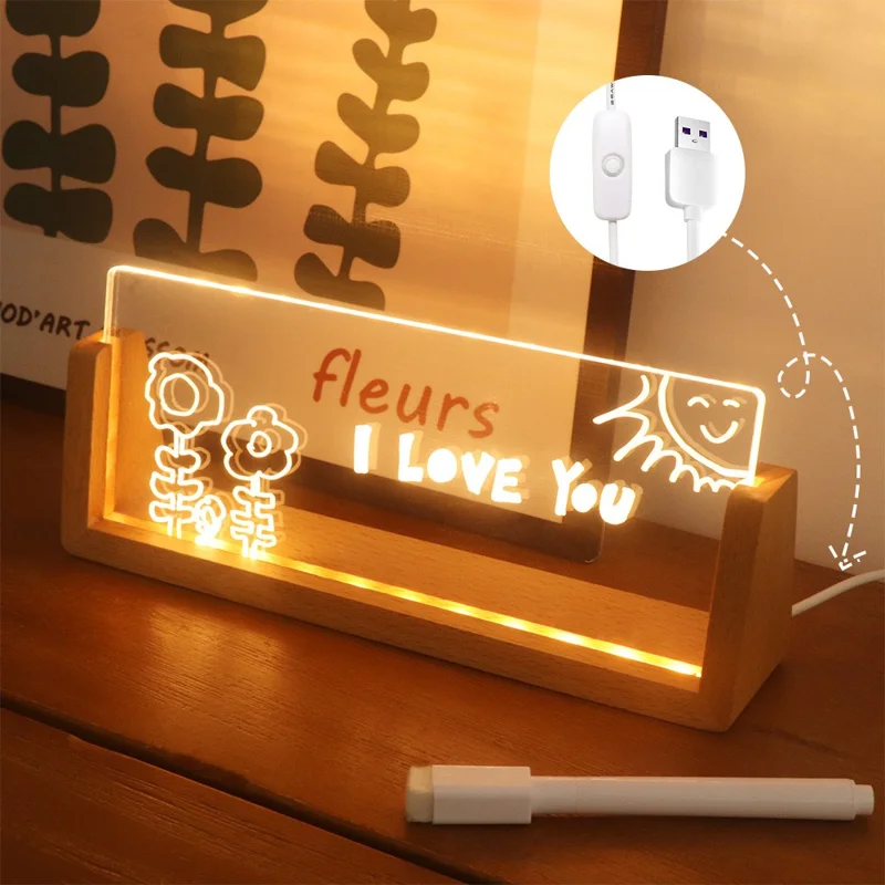 Large 203×80×4mm DIY Acrylic Handwritten Note Board Wood LED Light Stand Night Light USB Powered (Warm Light) - Beech Wood Base