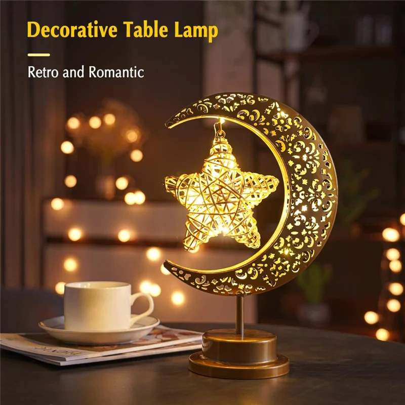 Lampe LED en forme de lune ajourée, luminaire décoratif en fer, lampe de table de chambre à coucher, lumière nocturne d'ambiance (fonctionne sur piles)