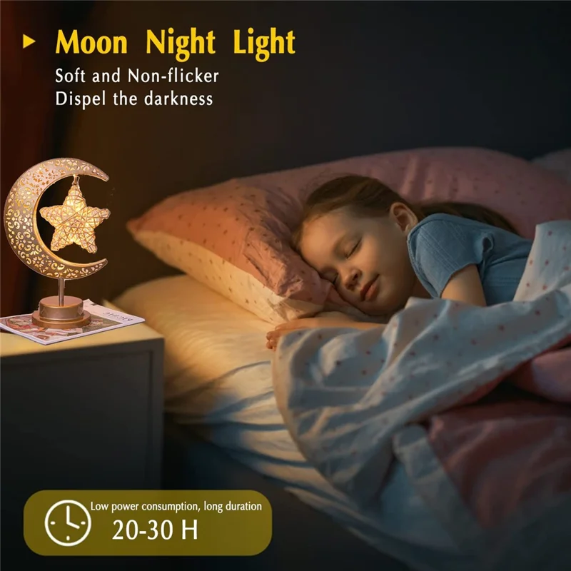 Lampe LED en forme de lune ajourée, luminaire décoratif en fer, lampe de table de chambre à coucher, lumière nocturne d'ambiance (fonctionne sur piles)