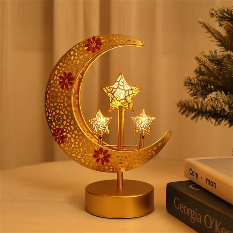 LED Iron Moon Star Lamp Decorative Table Lamp Bedroom Ambient Night Light Gift for Room Decoration (Battery Powered) - Moon Embracing Three Stars
