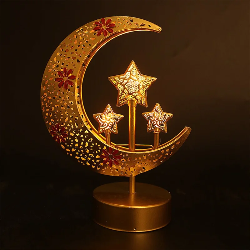 LED Iron Moon Star Lamp Decorative Table Lamp Bedroom Ambient Night Light Gift for Room Decoration (Battery Powered) - Moon Embracing Three Stars
