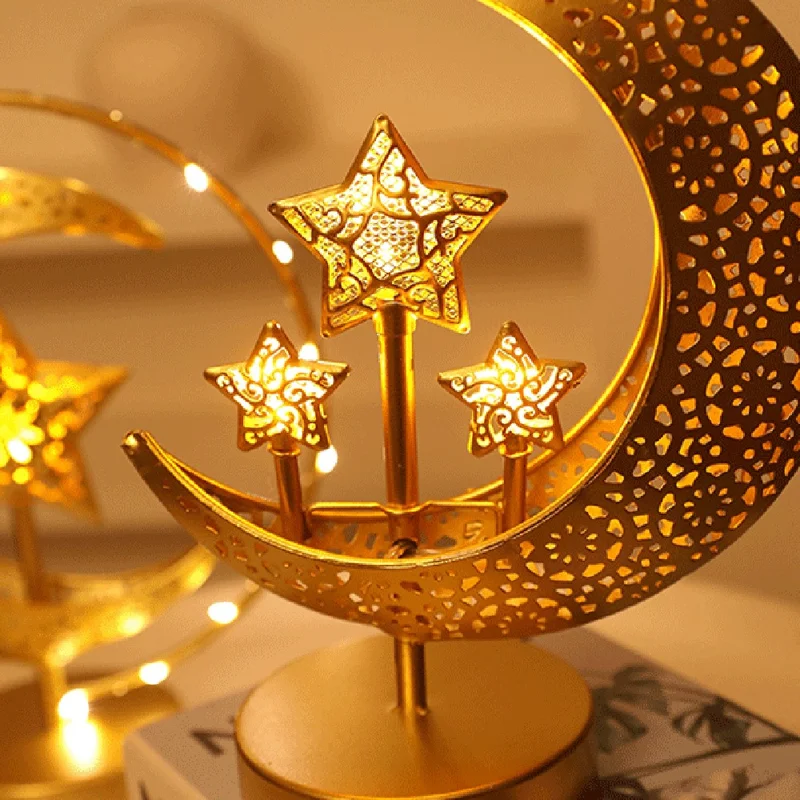 LED Iron Moon Star Lamp Decorative Table Lamp Bedroom Ambient Night Light Gift for Room Decoration (Battery Powered) - Moon Embracing Three Stars