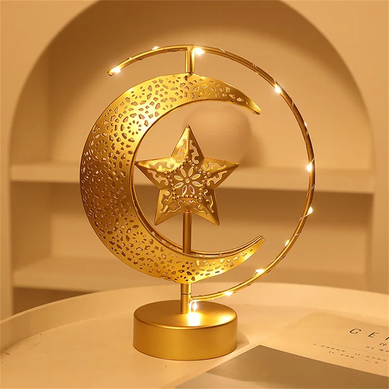 LED Iron Moon Star Lamp Decorative Table Lamp Bedroom Ambient Night Light Gift for Room Decoration (Battery Powered) - Moon Embracing Three Stars