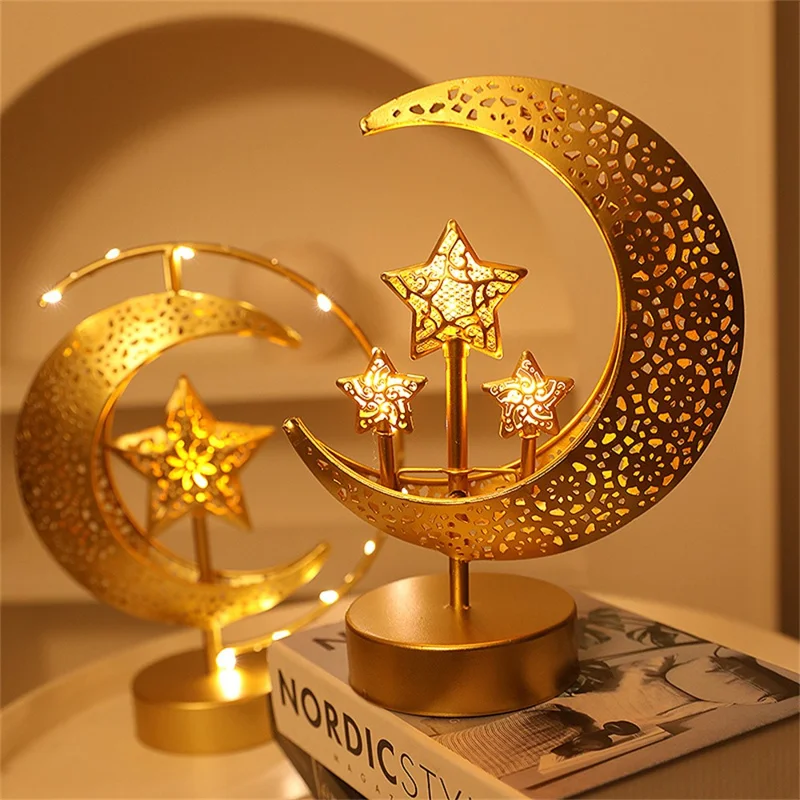 LED Iron Moon Star Lamp Decorative Table Lamp Bedroom Ambient Night Light Gift for Room Decoration (Battery Powered) - Moon Embracing Three Stars