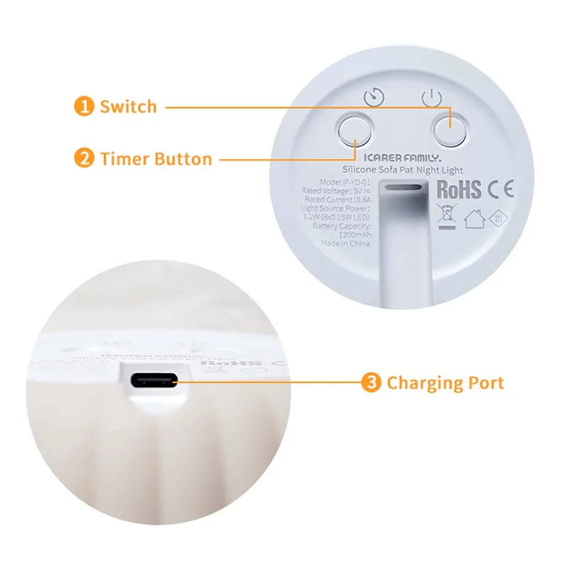 ICARER FAMILY Silicone Sofa Pat Night Light 3 Brightness Levels Timer Function Patting Lamp - Beige