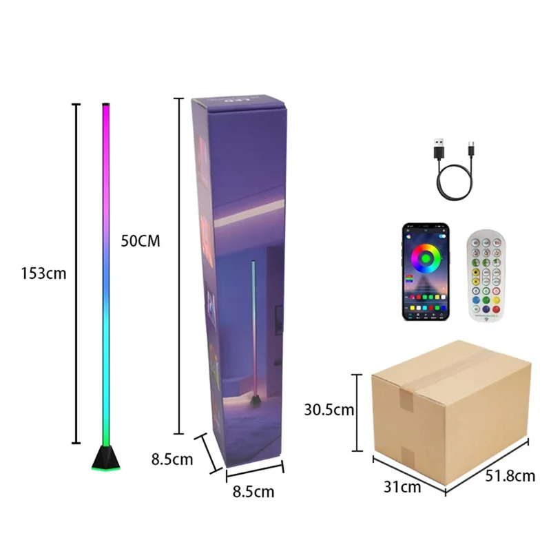 154cm 4-section RGB Ambient Floor Lamp Light Strip Bluetooth-compatible App / Remote Control Corner Lamp for Living Room Bedroom