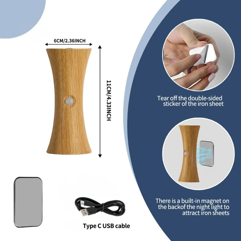 Motion Sensor Night Light Cordless Magnetic Wall Light Dimmable LED Lamp for Bedroom Staircase Hallway - Light Wood Grain