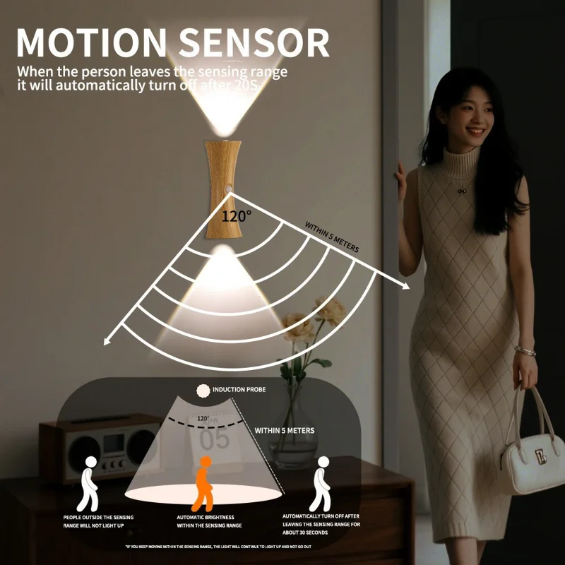 Motion Sensor Night Light Cordless Magnetic Wall Light Dimmable LED Lamp for Bedroom Staircase Hallway - Light Wood Grain