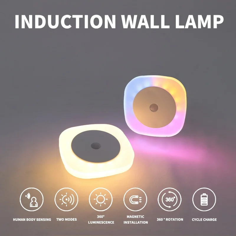 Square Night Light Motion Sensor Magnetic Base 3 Color Adjustable Ambient Wall Light - Matte / White Core