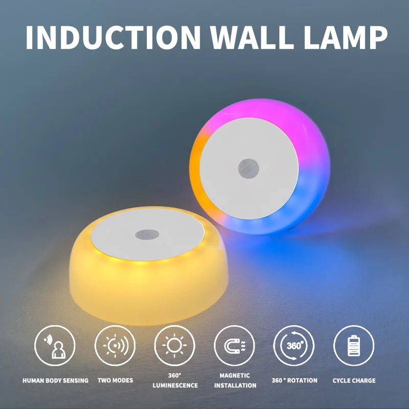 Round Wall Light Rechargeable Motion Sensor 3-Color Dimming LED Night Light with Magnetic Base - White