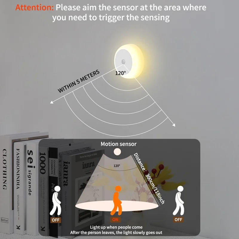 Round Wall Light Rechargeable Motion Sensor 3-Color Dimming LED Night Light with Magnetic Base - White