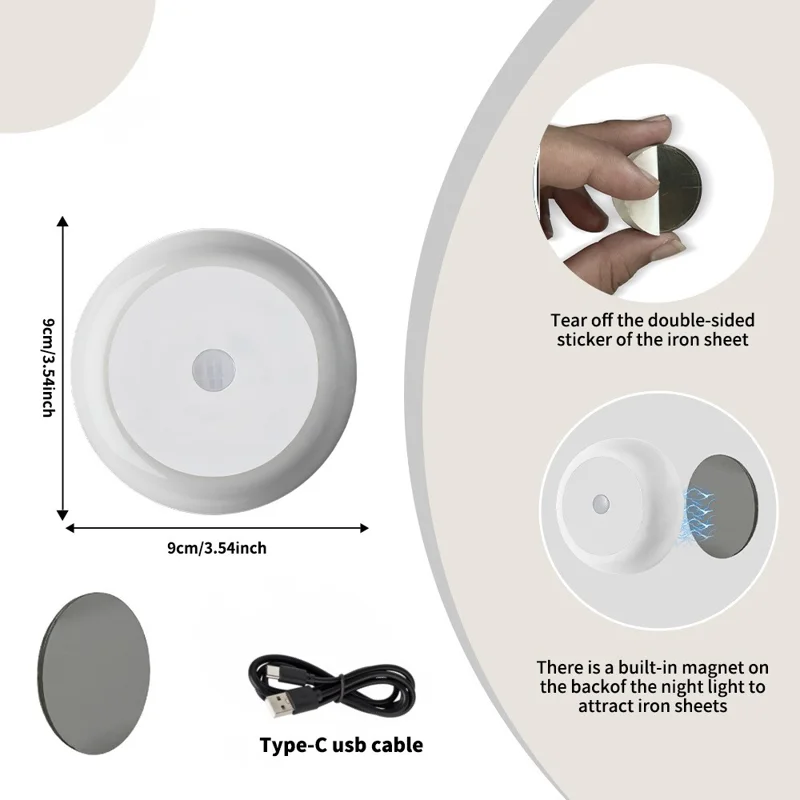 Round Wall Light Rechargeable Motion Sensor 3-Color Dimming LED Night Light with Magnetic Base - White