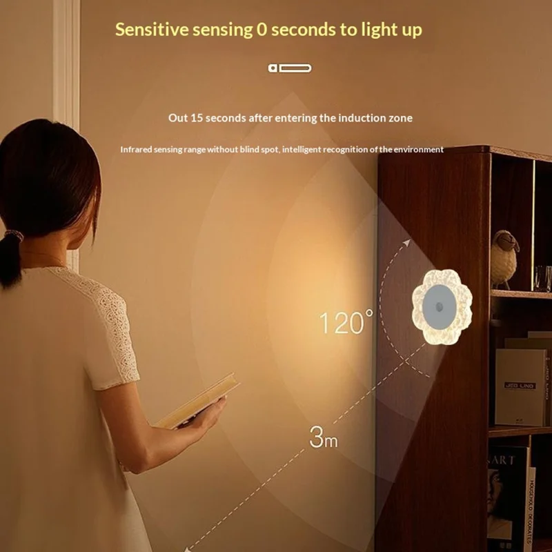 Flower Shaped Wall Light Rechargeable Motion Sensor 3-Color Modes Night Light with Magnetic Base