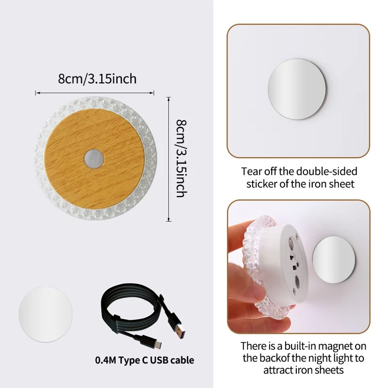 Smart Motion Sensor Night Light 3-Color Dimming Rechargeable LED Wall Lamp with Magnetic Base for Bedroom Hallway - Deep Wood Grain